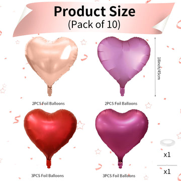 Rose Gold And Pink Heart Balloons, 18 Inch Hot Pink Heart Shape Balloons Foil, 10 Pcs Rose Gold Pink Heart Balloon For Girls Wom