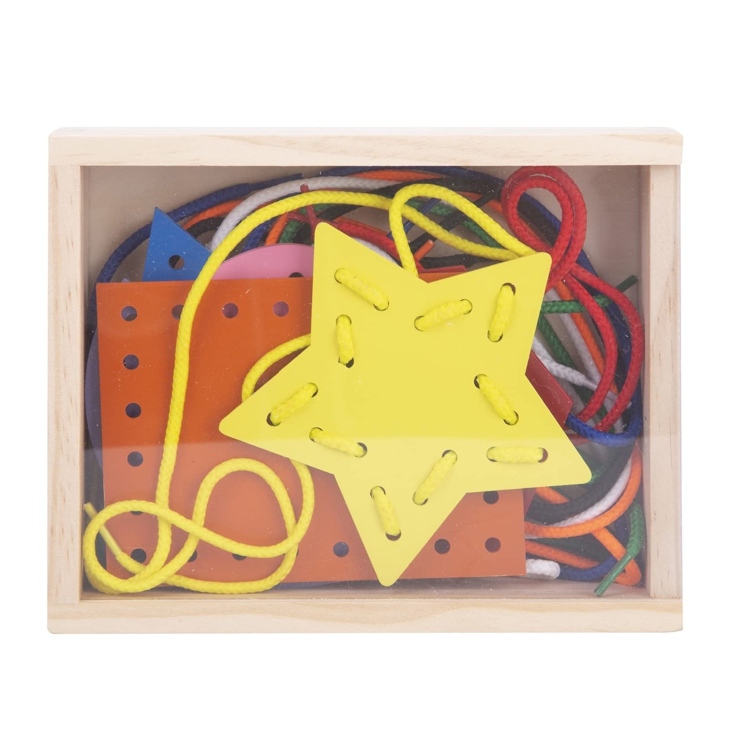 EXPLORATOY Wooden Lacing Cards for Toddlers, Educational Montessori Toy, Multi-Color, 7 Pcs Double-Sided Shape Panels