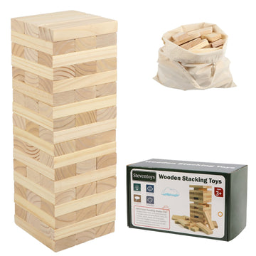 Steventoys Tumble Tower Set, 54Pcs Large Timber Game With Storage Bag, Wooden Stacking Games For Kids Adults And Family, Outdoor And Indoor Play