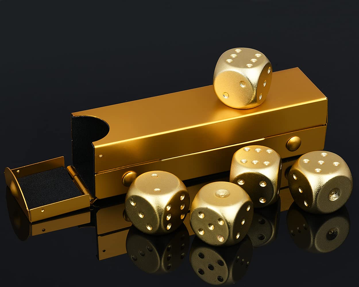 DS.DISTINCTIVE STYLE Aluminum Alloy Dice 5 Pieces 16mm Portable Metal Dices with Case 6 Sided Dice for Party Game (Gold Rectangl