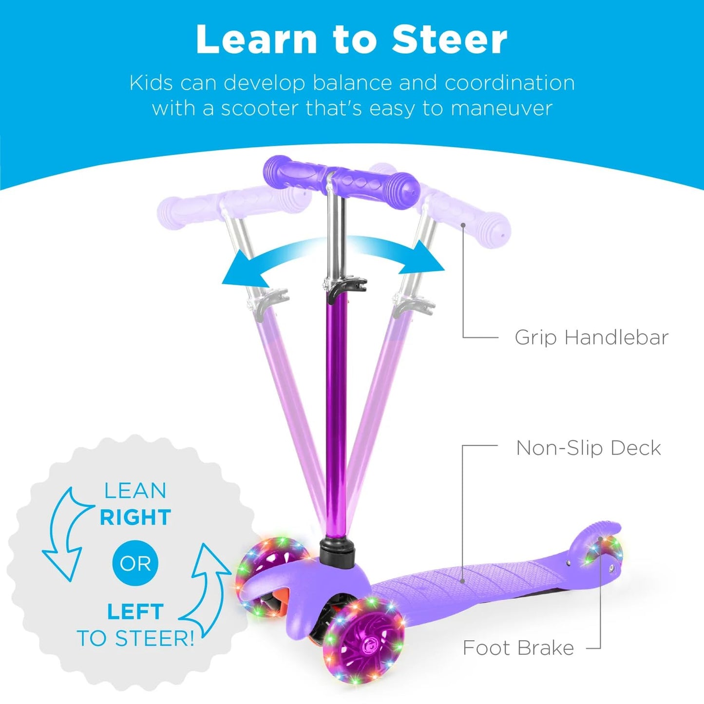 Best Choice Products Kids Mini Kick Scooter Toy W/ Light-Up Wheels, Height Adjustable T-Bar, Foot Break - Purple