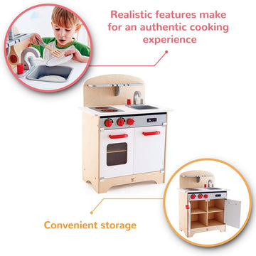Hape Gourmet Kitchen Toy Fully Equipped Wooden Pretend Play Kitchen Set with Sink, Stove, Baking Oven, Cabinet, Turnable Knobs &
