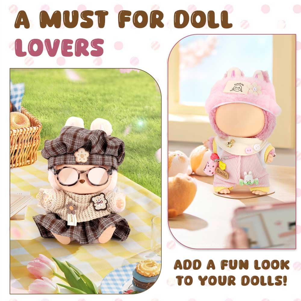 WALLFID Doll Clothes for Labubu   4-Piece Outfit Set for 17cm Dolls   Fashion Outfit with Hat Top Pants & Accessories  Doll Wardrobe Essentials (No Doll) (Sweetie Pink)