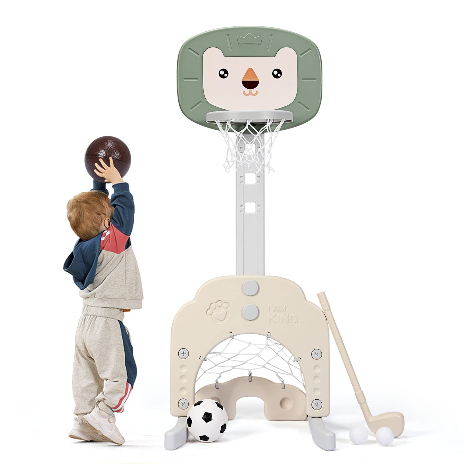 AKUSTIK 3 in 1 Toddlers Basketball Hoop Stand  Adjustable Height Sports Center with Basketball Soccer Golf Game Set  Portable Indoor Outdoor Activity Playset Gift for Kids 1-3 (Green)