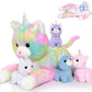 Morismos Unicorn Kitty Cat Stuffed Animal With Caticorn Babies, 22'' Mommy Cat And 4 Baby Kitten Stuffed Animals, Rainbow Cat Unicorn Plush Pillow, Kitty Unicorn Toy For Girls Boys Birthday Gift