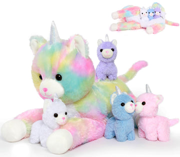 Morismos Unicorn Kitty Cat Stuffed Animal With Caticorn Babies, 22'' Mommy Cat And 4 Baby Kitten Stuffed Animals, Rainbow Cat Unicorn Plush Pillow, Kitty Unicorn Toy For Girls Boys Birthday Gift