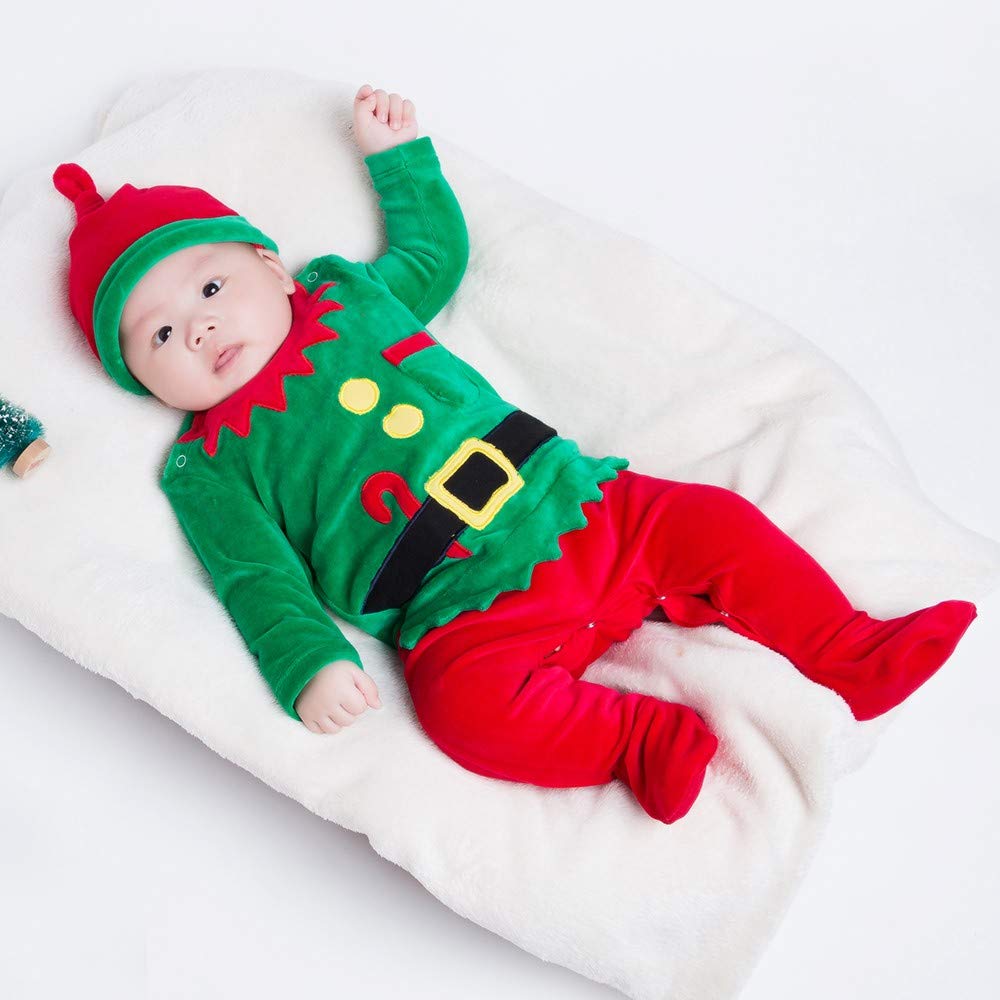 Fancyinn Baby Boy Girl Christmas Elf Outfit My First Xmas Coverall Rompers Christmas Bodysuit & Santa Hat 2Pcs 59