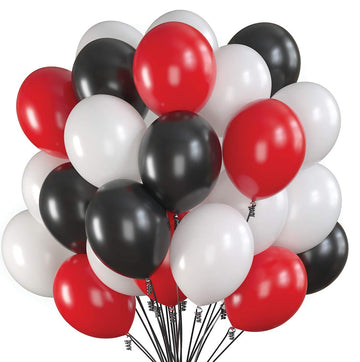 Prextex 75 Party Balloons 12 Inch Black, Red And White Balloons With Ribbon For Black Red White Color Theme Party Decoration, Baby Shower, Birthday Parties Supplies, Helium Quality
