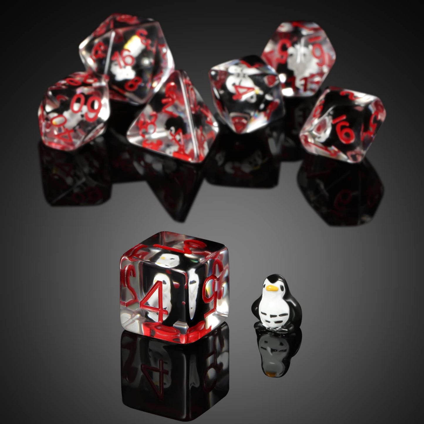 Penguin D&D Dice Set, DNDND 7PCS Resin Dragon Dice Set with Velvet Bag for D&D Role Playing Games and Tabletop Games(Penguin