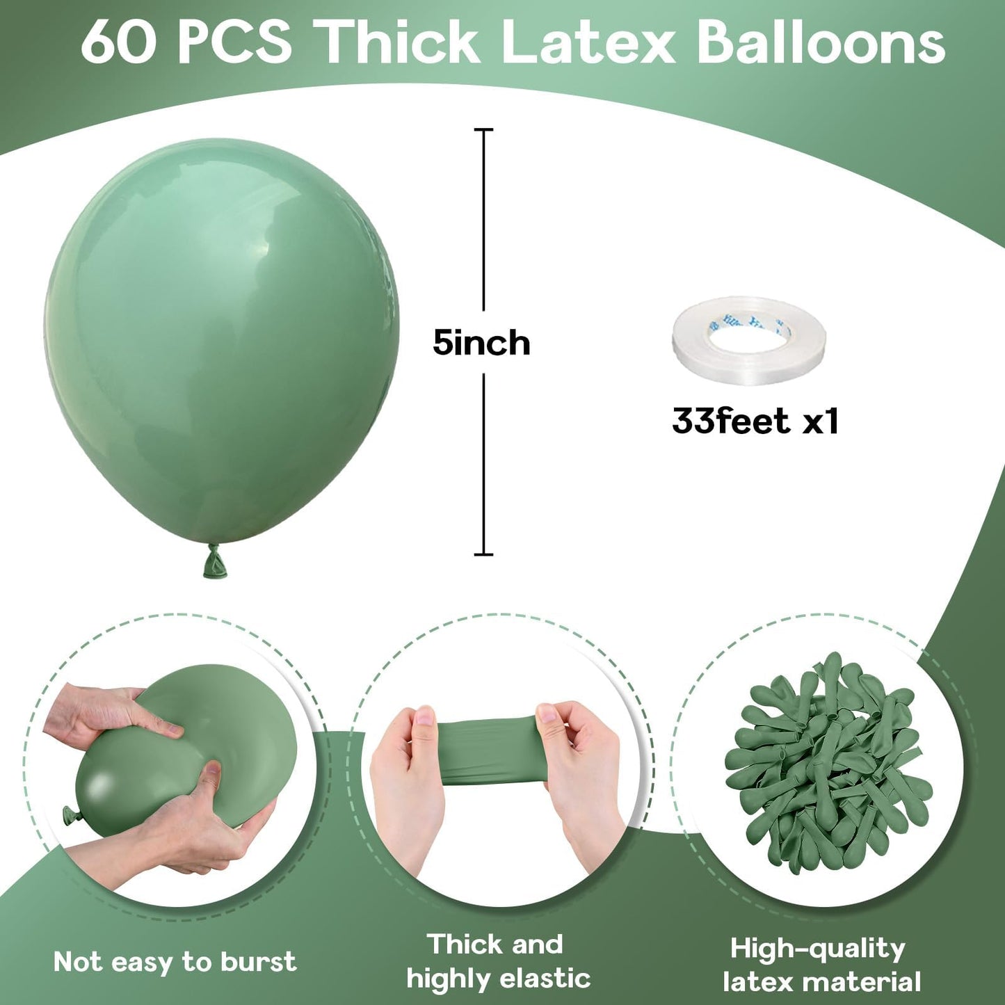 Jobkoo Sage Green Balloons 5 Inch, 60 Pcs Small Eucalyptus Olive Vintage Green Balloon 5'', Mini Matte Dusty Dark Avocado Green