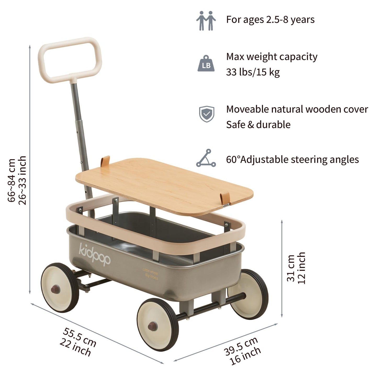 kidpop 3-in-1 Kids' Pull-Along Wagon, Adjustable Handlebar, Removable Wooden Cover, Max Weight 33 lbs, Grey, Model KPD4005A