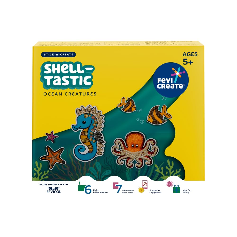 Fevicreate Stickncreate Shelltastic Ocean Creatures Kit | Shell & Sand Art | Ocean Creatures | Fridge Magnets | Informative F