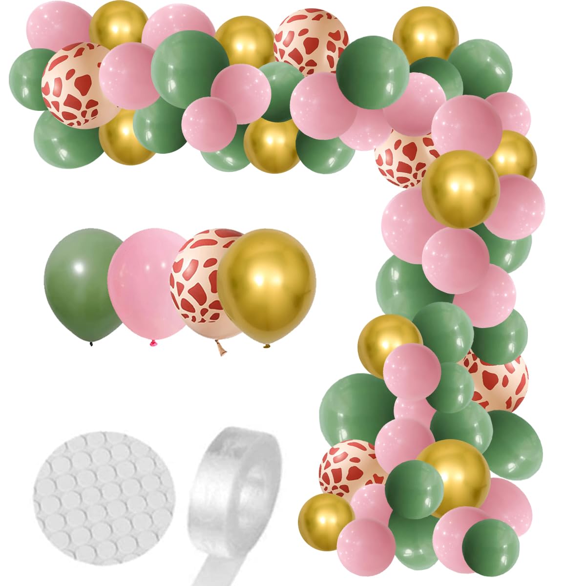 Sage Green And Pink Balloon Garland Arch Kit, 122Pcs Pink Sage Green Metallic Gold Balloons Leopard Print Balloons For Jungle Bi