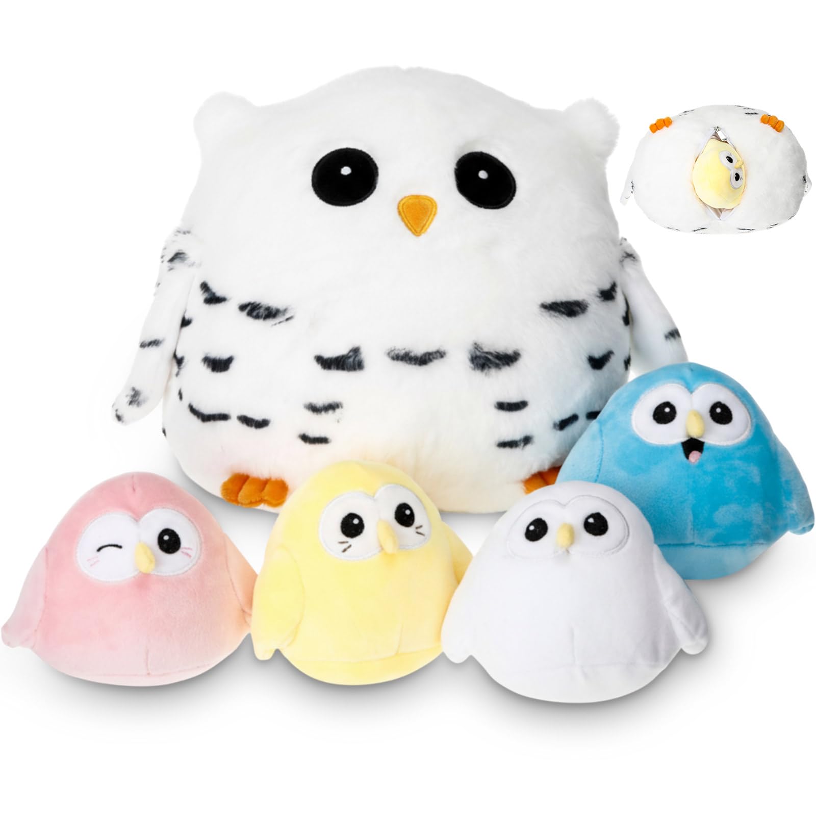 Hollowfly 5 Pcs Fat Owls Plush Toy Gift Set 9.5 Mom Owls with 4 Cute Colorful Babies Stuffed Animal in Zippered Butt Nurturing P
