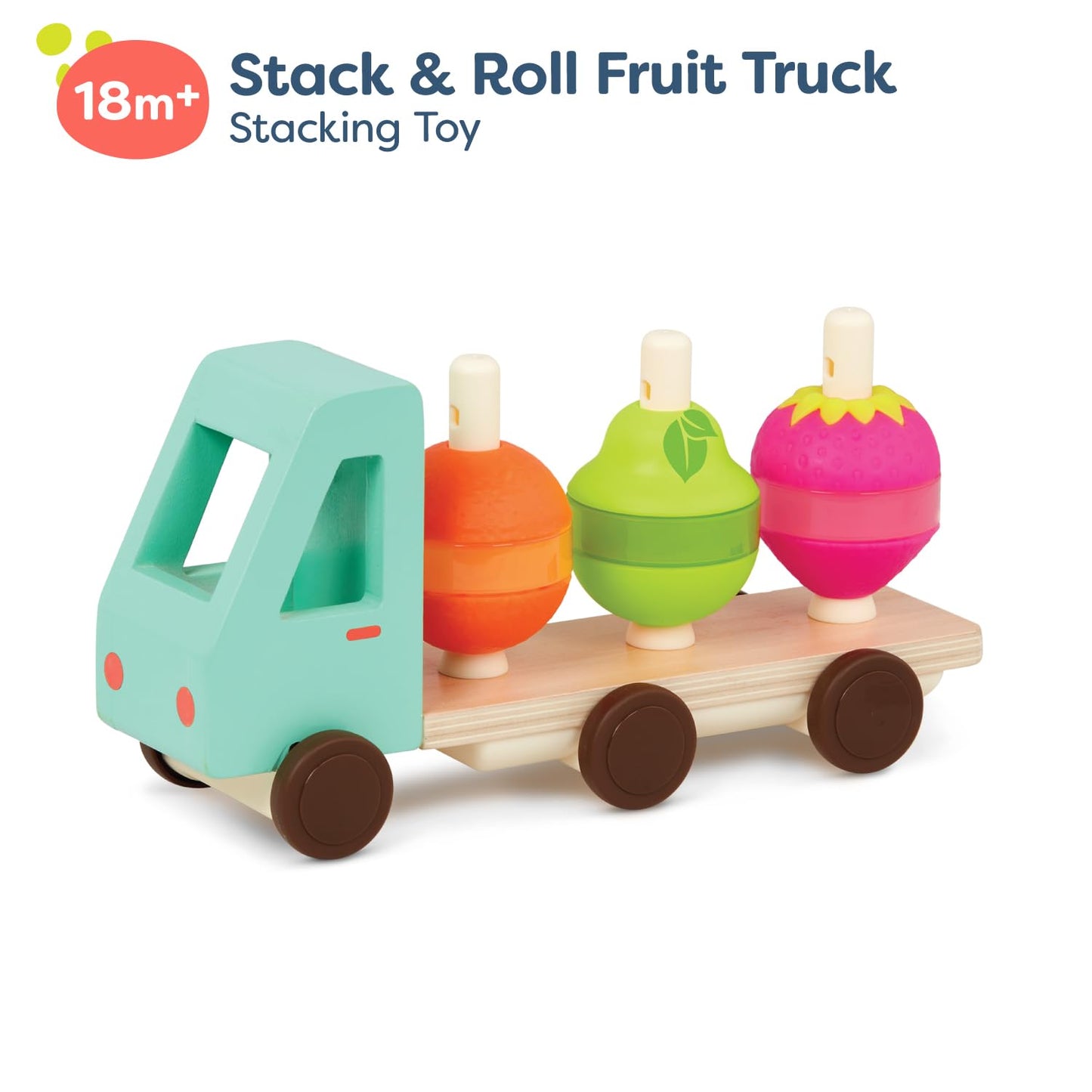 B. Toys- Stack & Roll Fruit Truck- Sort & Stack Toy – Wooden Truck & 9 Stackable Fruit Pieces – Orange, Pear, Strawberry Slices – Learning Toys For Toddlers, Kids – 18 Months +