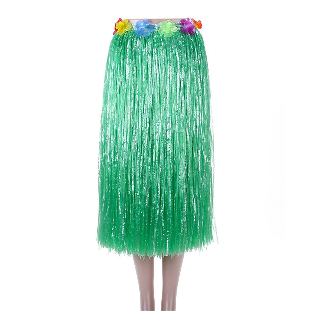 Hawaiian Luau Hula Grass Skirt With Large Flower Costume Set For Dance Party Decorations Favors (32'' - Green)