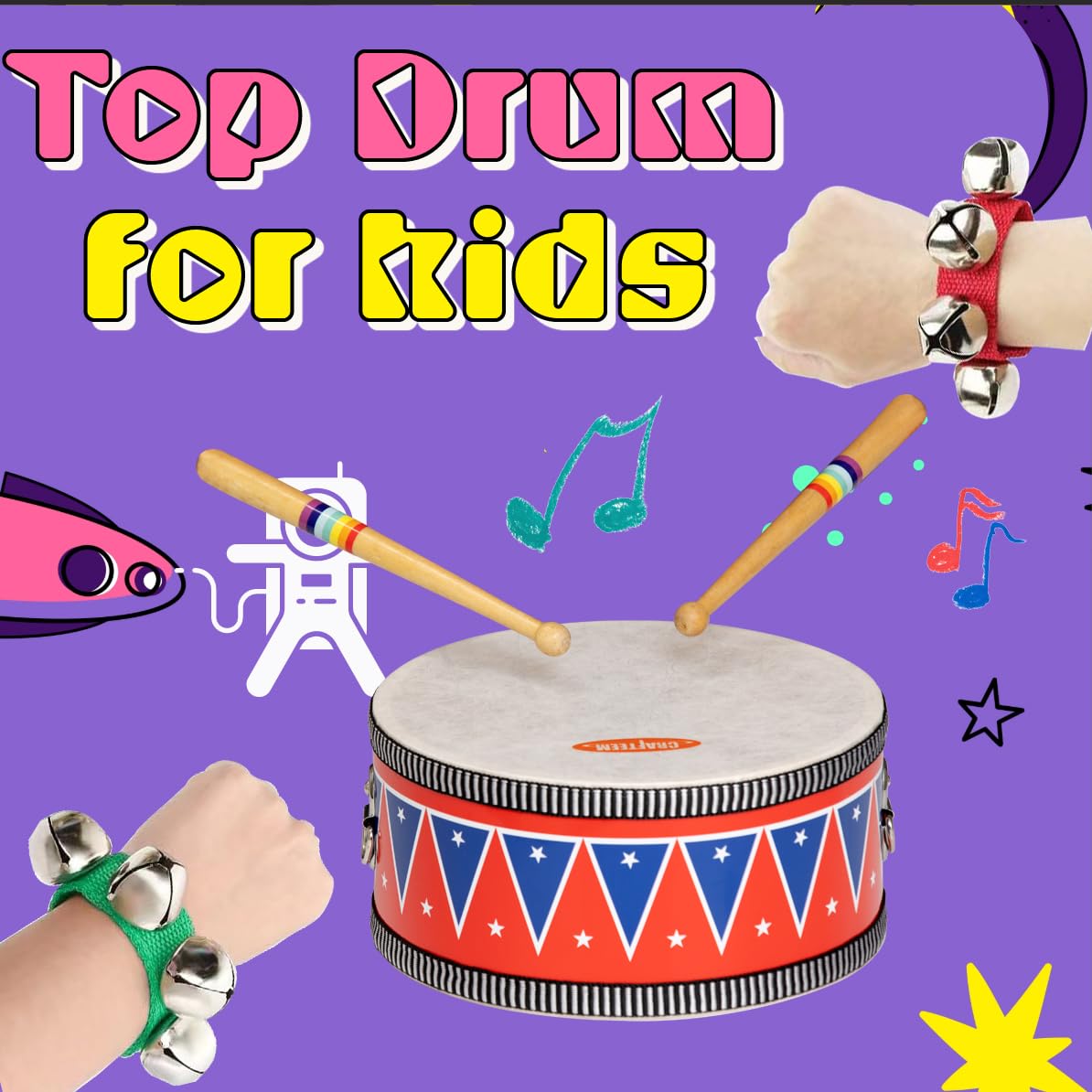 Crafteem Wooden Kids Drum Set For Toddlers - Baby Musical Toy W/Wrist Bells, Drum Sticks & Fun Drum Instrument For Boys & Girls