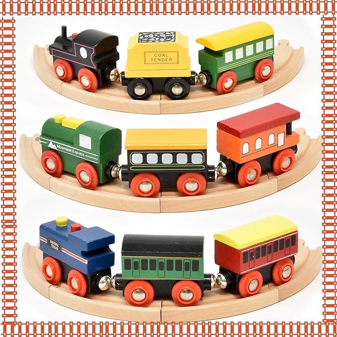 Wooden Train Cars 9 Piece Collection Of Magnetic Trains And Wood Engine And Vehicles Compatible With All Major Brands, A Deluxe