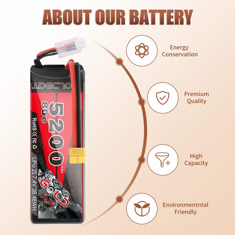 Goldbat 5200Mah 80C 2S 7.4V Rc Lipo Battery Hard Case With Xt60 Plug For Rc Evader Bx Car Rc Truck Rc Truggy Racing (2 Pack)