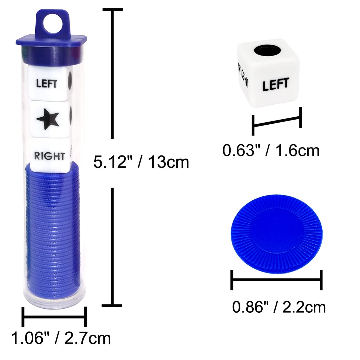 Left Right Center Dice Game Prime Set Bundle With 3 Dices + 36 Chips. Round Tube Storage Is Very Convenient For Travel. Easy To Store, Carry Around. (Blue)