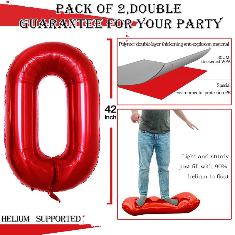 Goer Red Foil Balloons Number 0 For 10Th 20Th 30Th 40Th 50Th 60Th 70Th 80Th 90Th 100Th Birthday Party Supplies Anniversary Decorations (3 Pcs,42 Inch,32 Inch,16Inch)