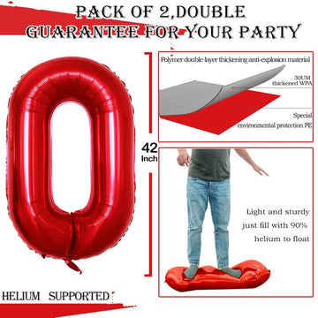 Goer Red Foil Balloons Number 0 For 10Th 20Th 30Th 40Th 50Th 60Th 70Th 80Th 90Th 100Th Birthday Party Supplies Anniversary Decorations (3 Pcs,42 Inch,32 Inch,16Inch)