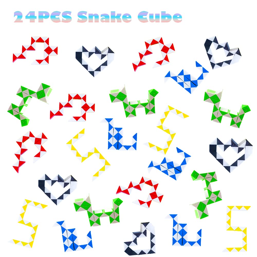 24 Pack 24 Blocks Fidget Snake Cube, Mini Snake Ruler Twist Puzzle Toys For Kids Party Bag Fillers, Party Favors Supplies, Fidget Sensory Toys, Random Color