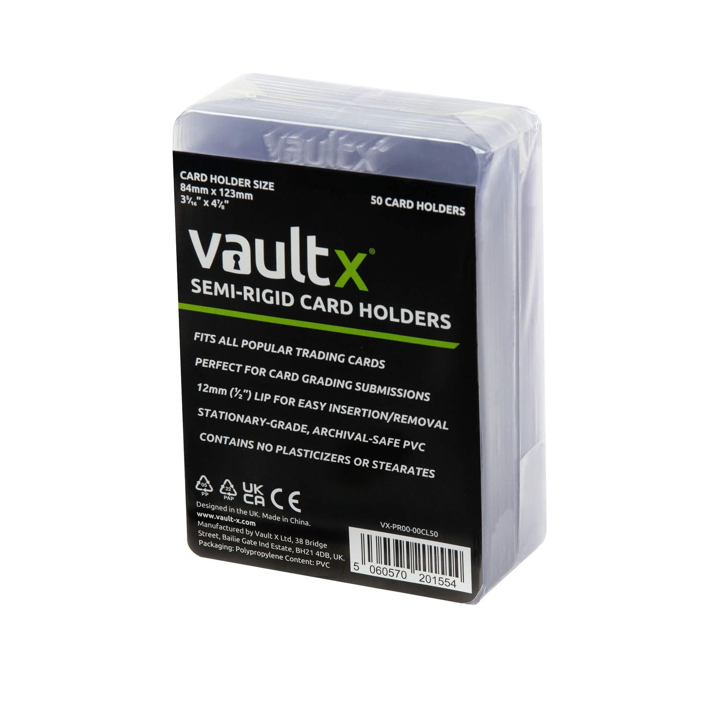 Vault X Semi-Rigid Trading Card Holders, 50 Pack, Clear Plastic Sleeves for TCG & Sports Card Grading, Model VX-PR00-00CL50