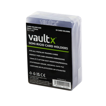 Vault X Semi-Rigid Trading Card Holders, 50 Pack, Clear Plastic Sleeves for TCG & Sports Card Grading, Model VX-PR00-00CL50