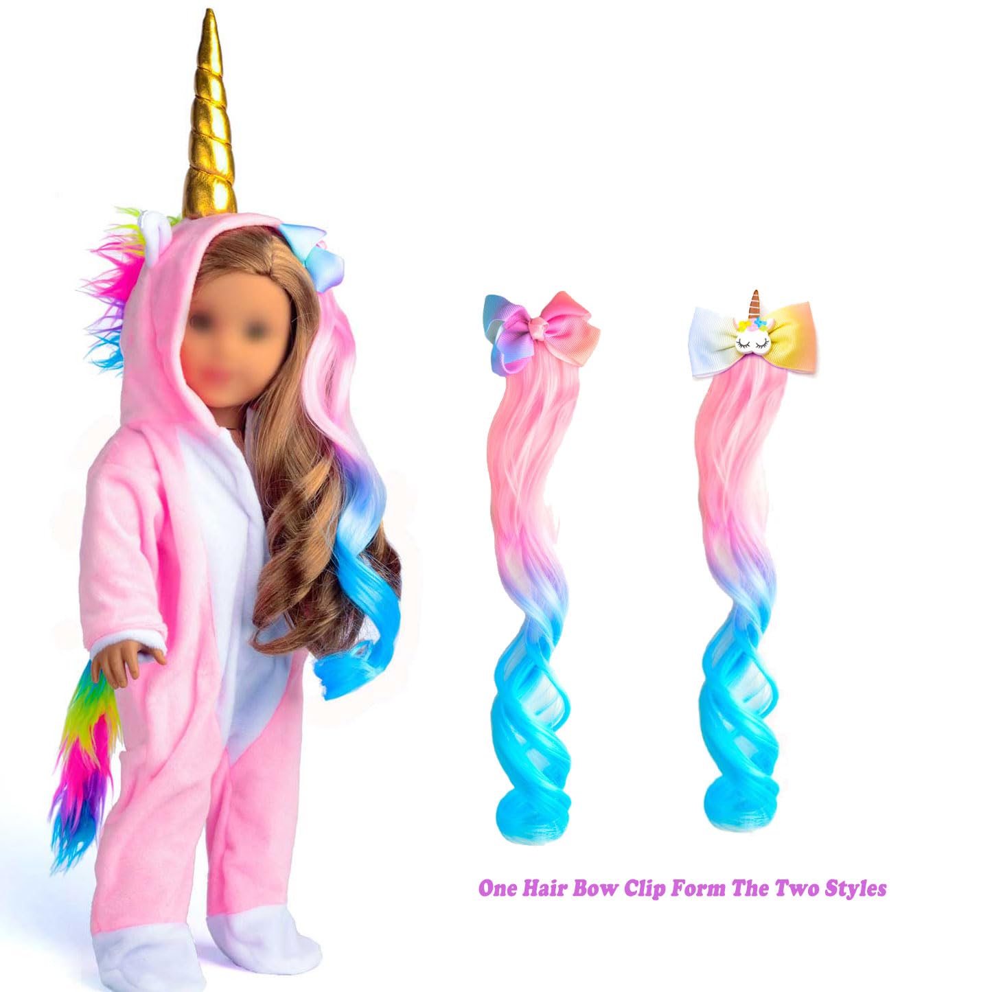 sweet dolly 18 Inch Doll Clothes Unicorn Onesie Pajamas Rainbow Color Hair Bow Clips Costume Fits 18 Inch Doll (Doll Not Include