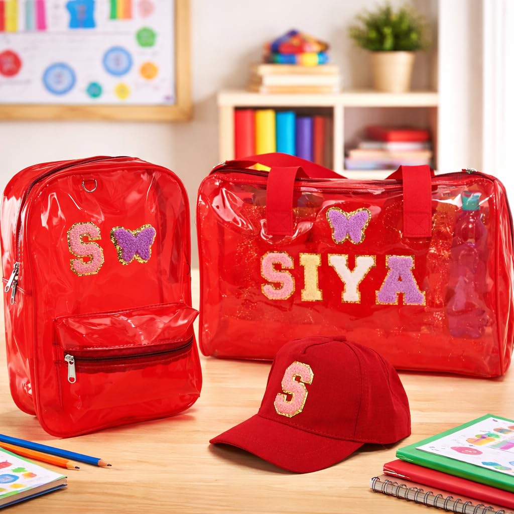 Aica Personalized Name Embroidered Letters & Patch Pvc Bag & Cap Kids Combo Giftset (210 Years)  Red | Stationery Items |Duffl