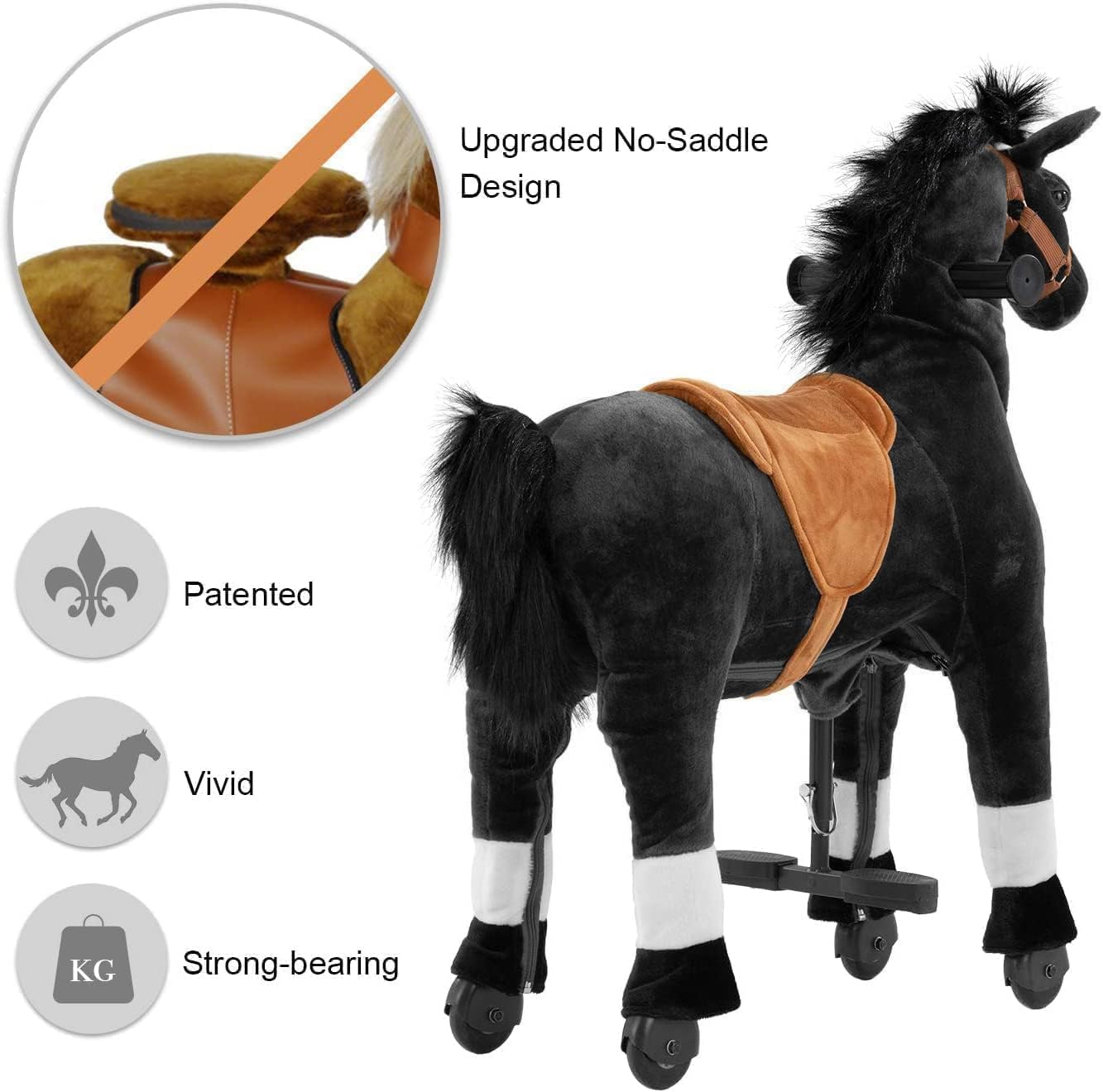 Pipleo Ride on Horse for Kids, Plush Mechanical Animal, M Size for Age 4-9, Black, No Battery, Max Load 165 LBS