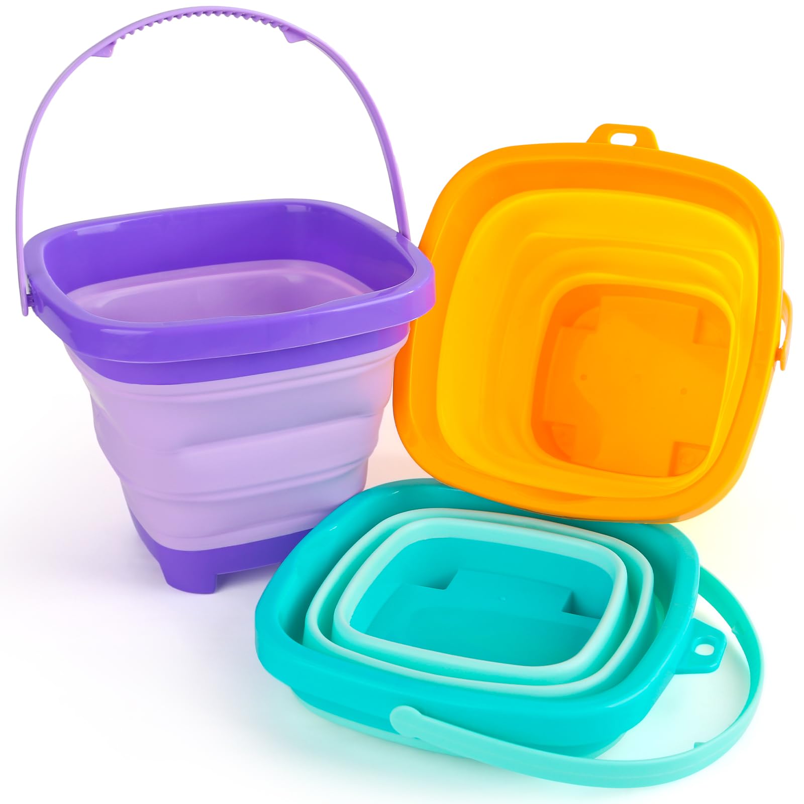 Shindel 3PCS Foldable Buckets, Colorful Foldable Beach Bucket Collapsible Sand Bucket Water Bucket for Beach Fun Summer Vacation