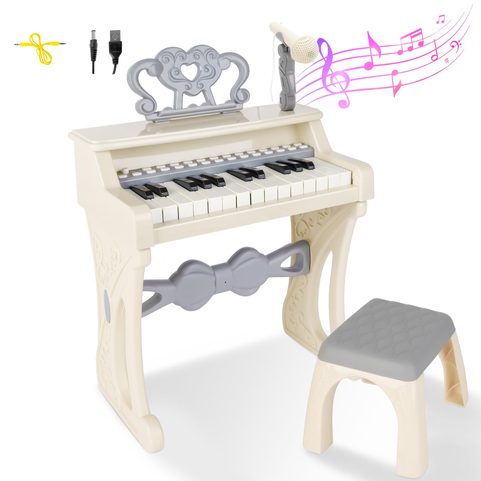 Deao Children'S Piano For Girls, Children'S Musical Piano Keyboard Toys, Electronic Piano Toy With Stool And Microphone, 25 Keys, 22 Songs (White)