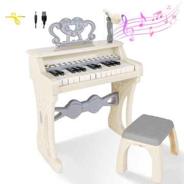 Deao Children'S Piano For Girls, Children'S Musical Piano Keyboard Toys, Electronic Piano Toy With Stool And Microphone, 25 Keys, 22 Songs (White)