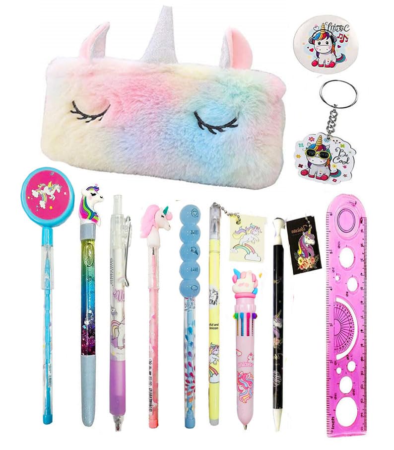 Shudaushi 12Ps Unicorn Designer Cute Pen Pencil For Girls With Pencil Pouch Stationery Zipper Closure Case Stationeries Keychain