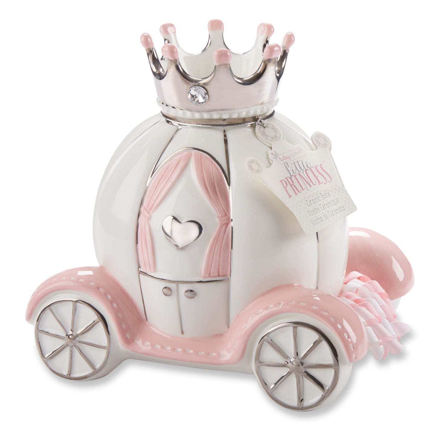 Baby Aspen Ceramic Porcelain Princess Carriage Piggy Bank, For A Baby Shower Or Baby Girl Room Decor, Pink/Silver/White