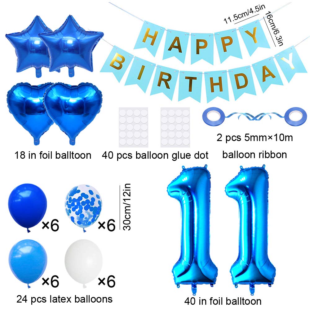 Huture 11 Birthday Party Supplies Blue Number 11 Foil Balloon Happy Birthday Banner Kit 11Th Birthday Decoration White Blue Late