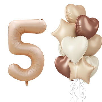 5 Balloons Beige Apricot, Cream Nude Brown Taupe Sand White Heart Number 5 Balloons Decor, Neutral Tan Foil Helium Star Balloons