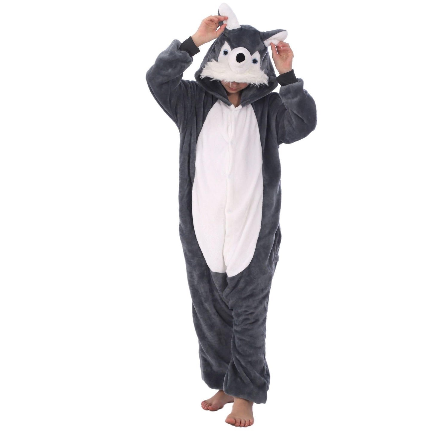 Lobujou Animal Hooded Costume For Kids Boys Girls Flannel Onesie Halloween Cosplay One Piece Husky 130