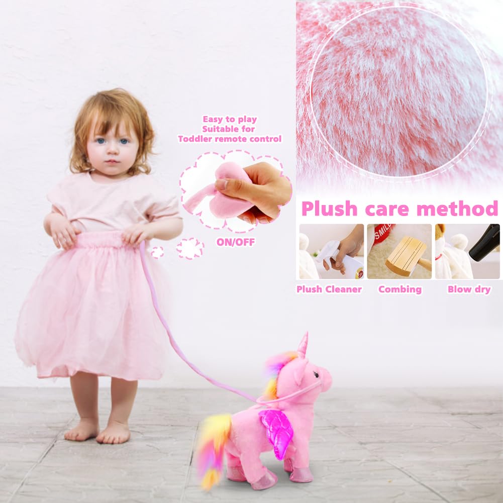 Remote Control Electronic Plush Unicorn Toy Pet for Girls 2-4 3-6 Years Old Interactive Walking Wiggle Bottom RC Leash Pink Unicorn Toy for 5 Years Old Toddler Kids Christmas Birthday Gift