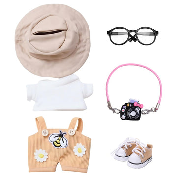 17cm Doll Designer Clothes  enhanced Doll Halloween Outfit Set Accessories with Tshirt  Yellow Overall  Black Camera  Glasses  Shoes  Khaki Bucket Hat  Yellow