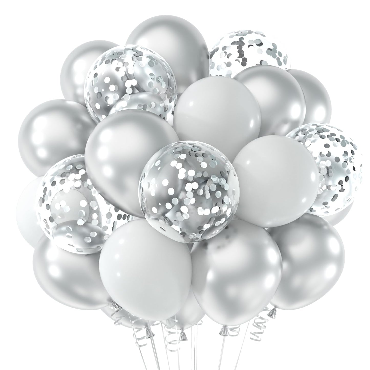 Neburora White And Silver Confetti Balloons 60Pcs 12Inch White Metallic Silver Confetti Balloons For Wedding Engagement Graduati