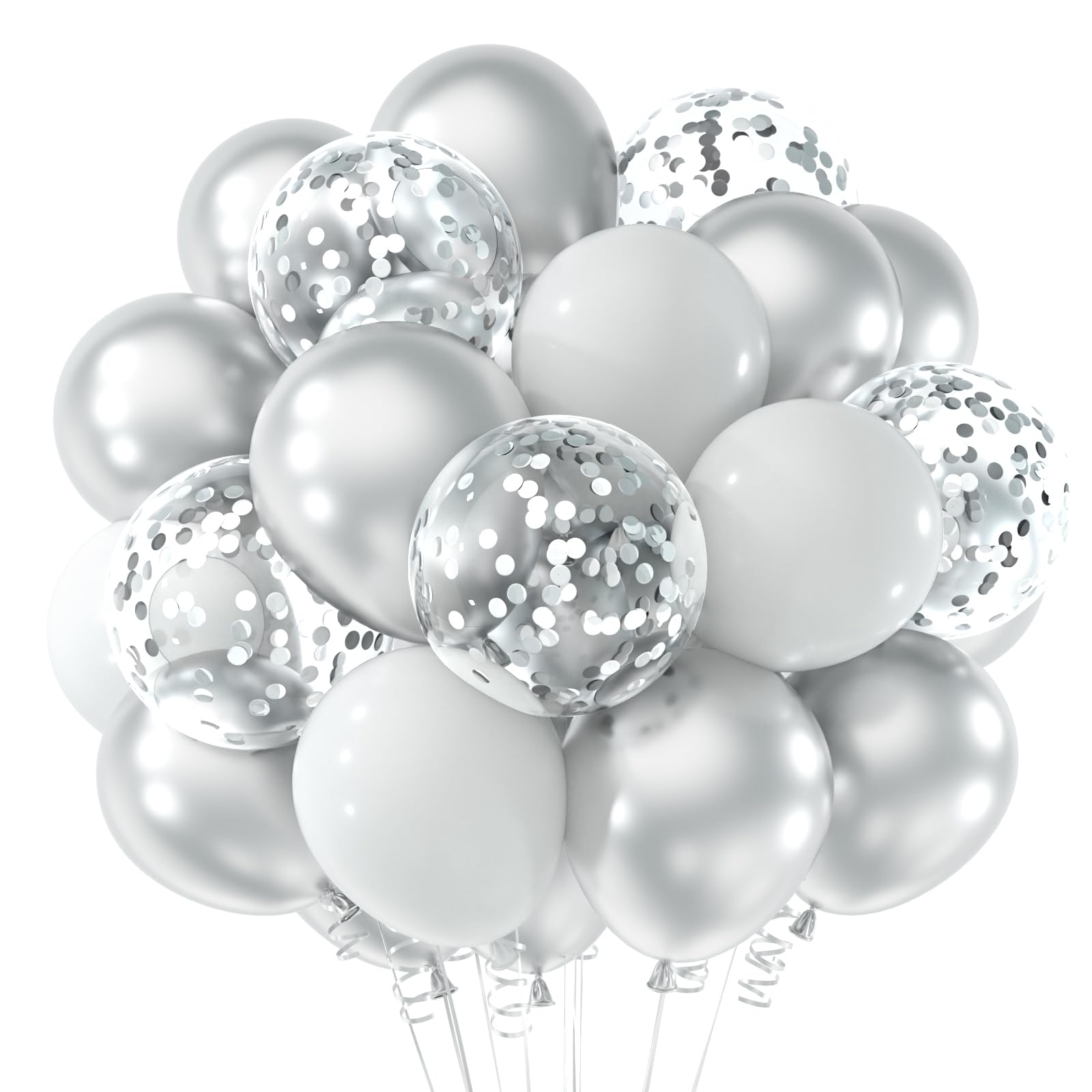 Neburora White And Silver Confetti Balloons 60Pcs 12Inch White Metallic Silver Confetti Balloons For Wedding Engagement Graduati