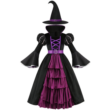 Yolsun Purple Witch Costume For Girls Bubble Sleeve Halloween Witch Dress For Kids (6-8 Years, Purple)