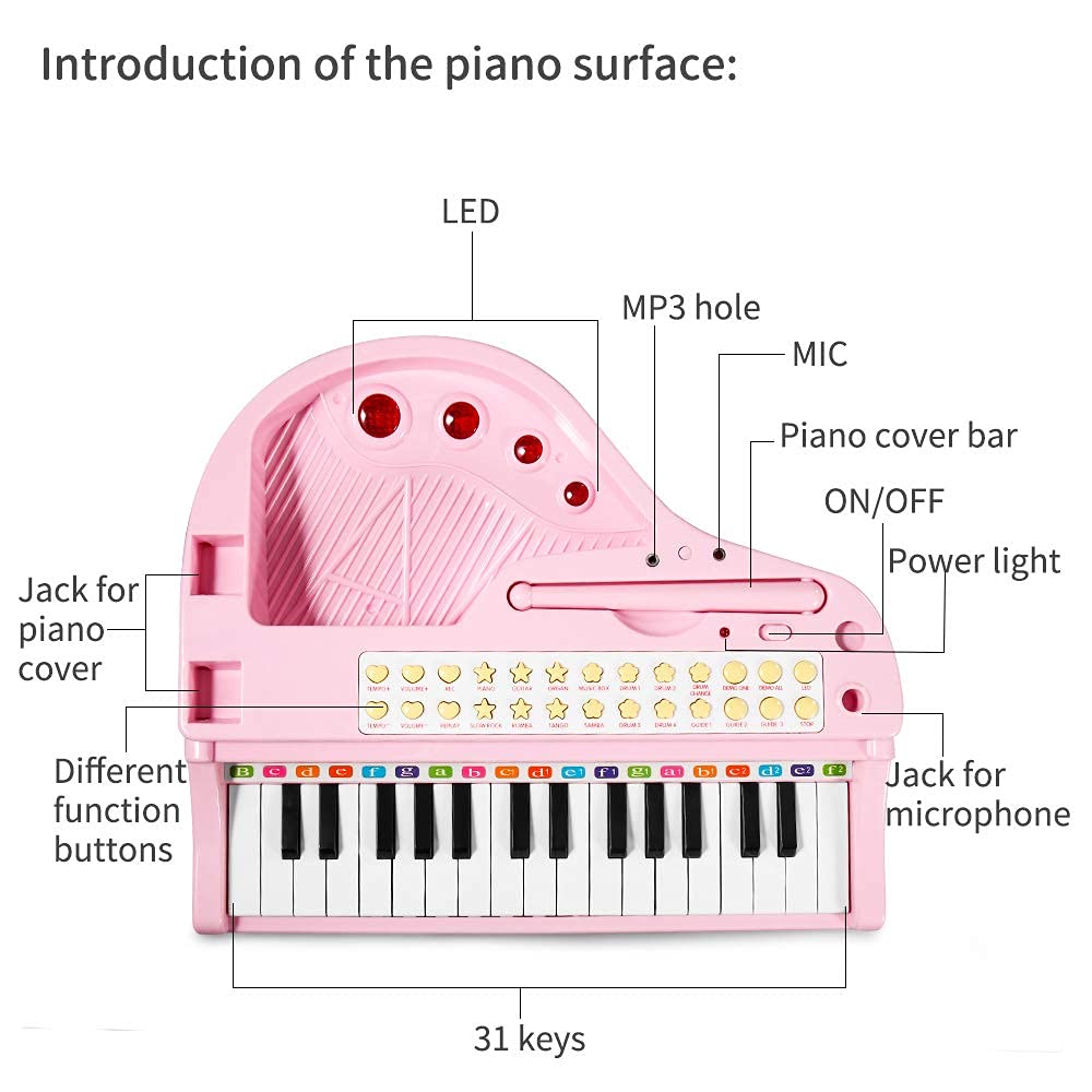 Love&Mini 31-Key Piano Toy Keyboard for Girls, Light Pink with Stool, Model 1505B&3232C, Perfect Birthday Gift for Ages 3+