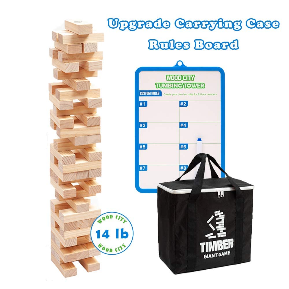 Wood City Giant Tumbling Timber Tower Game (Stacking From 2 To 4 Feet), Classic Jumbo Outdoor Game For Adults Kids Family, 54 Pieces Premium Pine Wood Blocks Toy