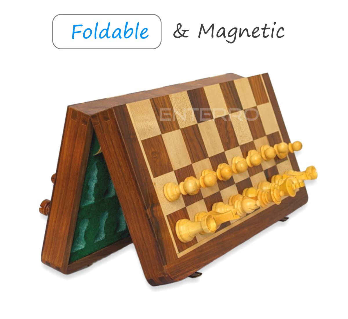 Enterro Chess Board Set Wooden Foldable14 X 14 Inch With 2 Extra Queens - Handcrafted Magnetic Chess Pieces