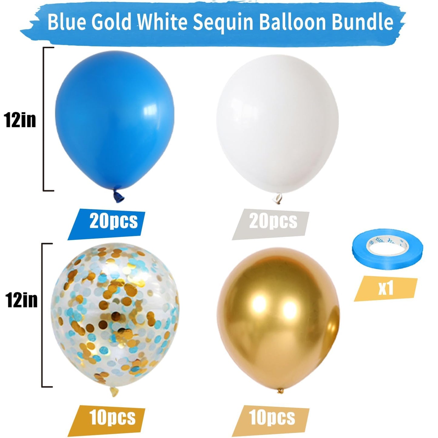 Jobkoo 60 PCS Blue and White Balloons Set - 12 Inch Rubber Balloons with Gold Confetti for Kids Birthday Party Decorations