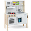 HONEY JOY Kids Kitchen Playset, Wooden Play Kitchen for Toddlers, Microwave, Range Hood, Ice Maker, 18 Cooking Accessories, Litt